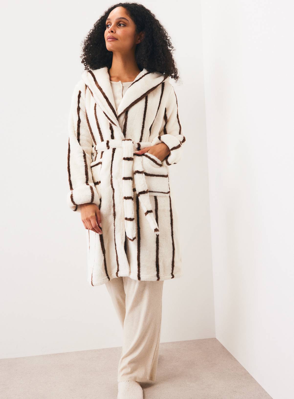 Contrast Stripe Plush Hooded Dressing Gown M - Image 2